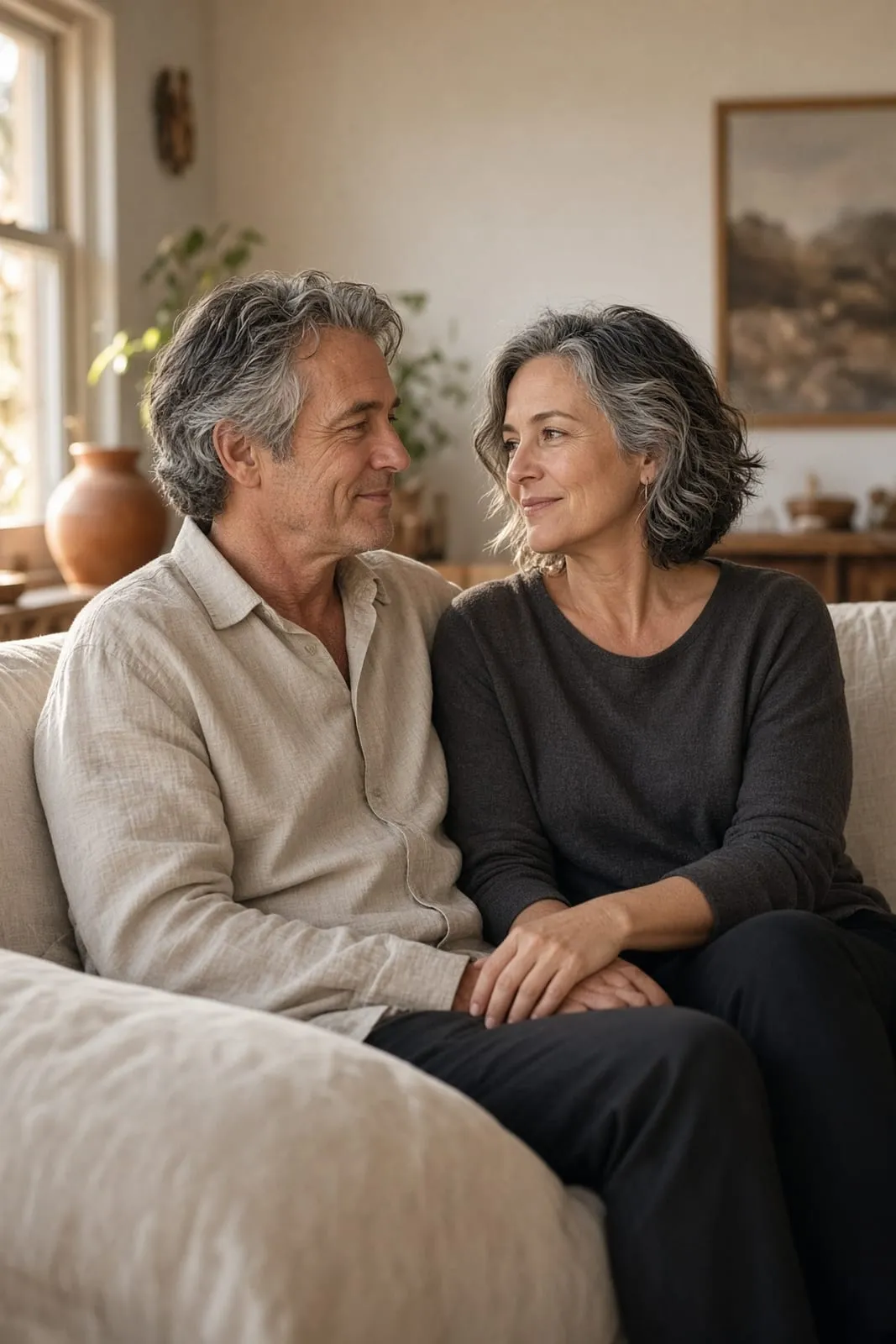 A couple in their fifties sitting close together on a sofa at home, hands resting together, looking at each other