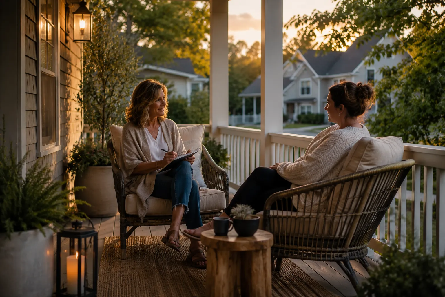 A private one-on-one coaching session on a porch at sunset