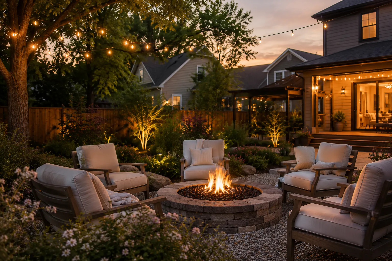 Evening fire pit gathering at a PIVOT retreat home