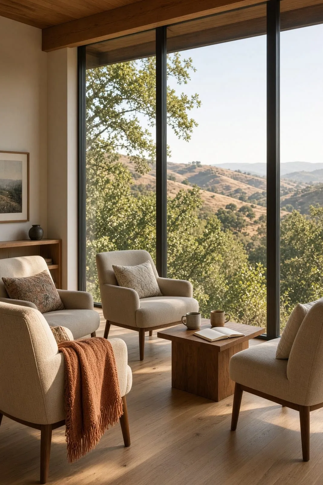 A quiet circle of armchairs beside floor-to-ceiling windows overlooking oak-dotted golden hills