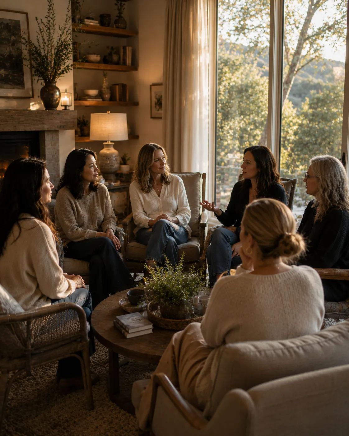 A circle of women of different ages in a warm group session at a retreat home
