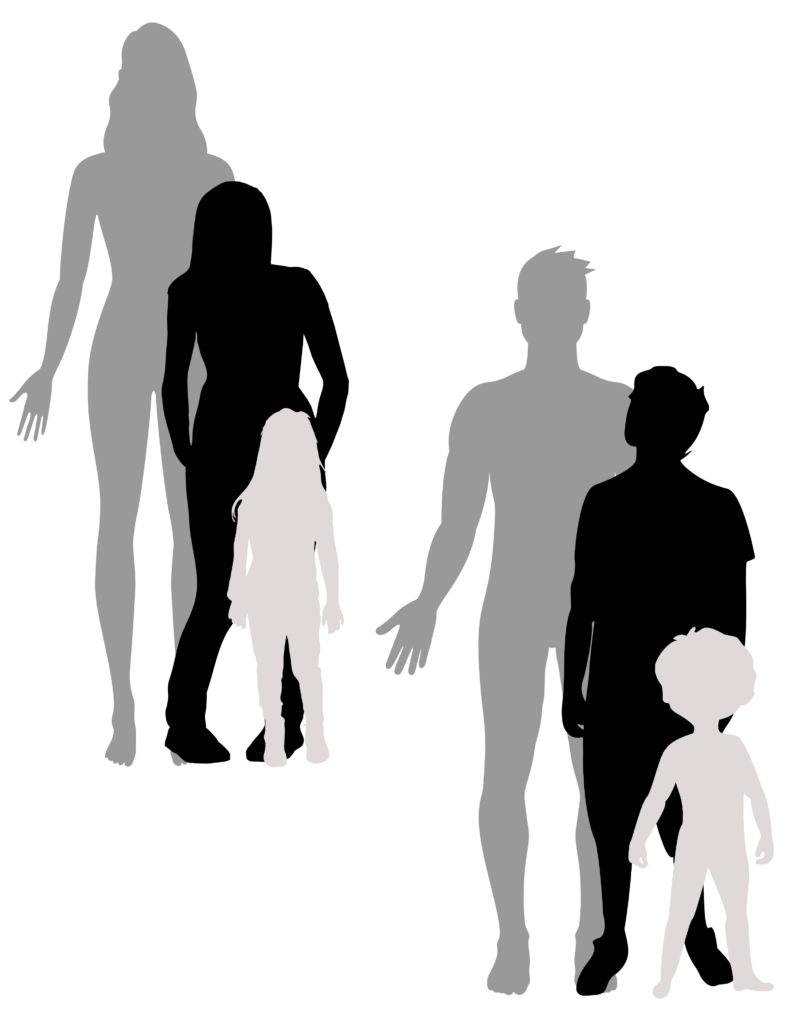 survival patterns child teen adult, male and female staggered