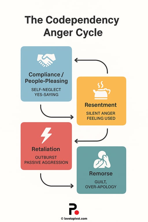 Infographic showing the four-step Codependency Anger Cycle:
            Compliance/People-Pleasing → Resentment → Retaliation → Remorse