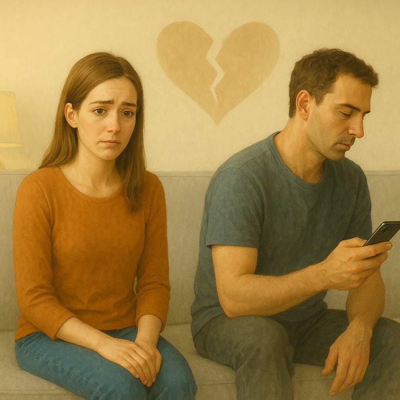 hurt woman being ignored by male partner stating at phone