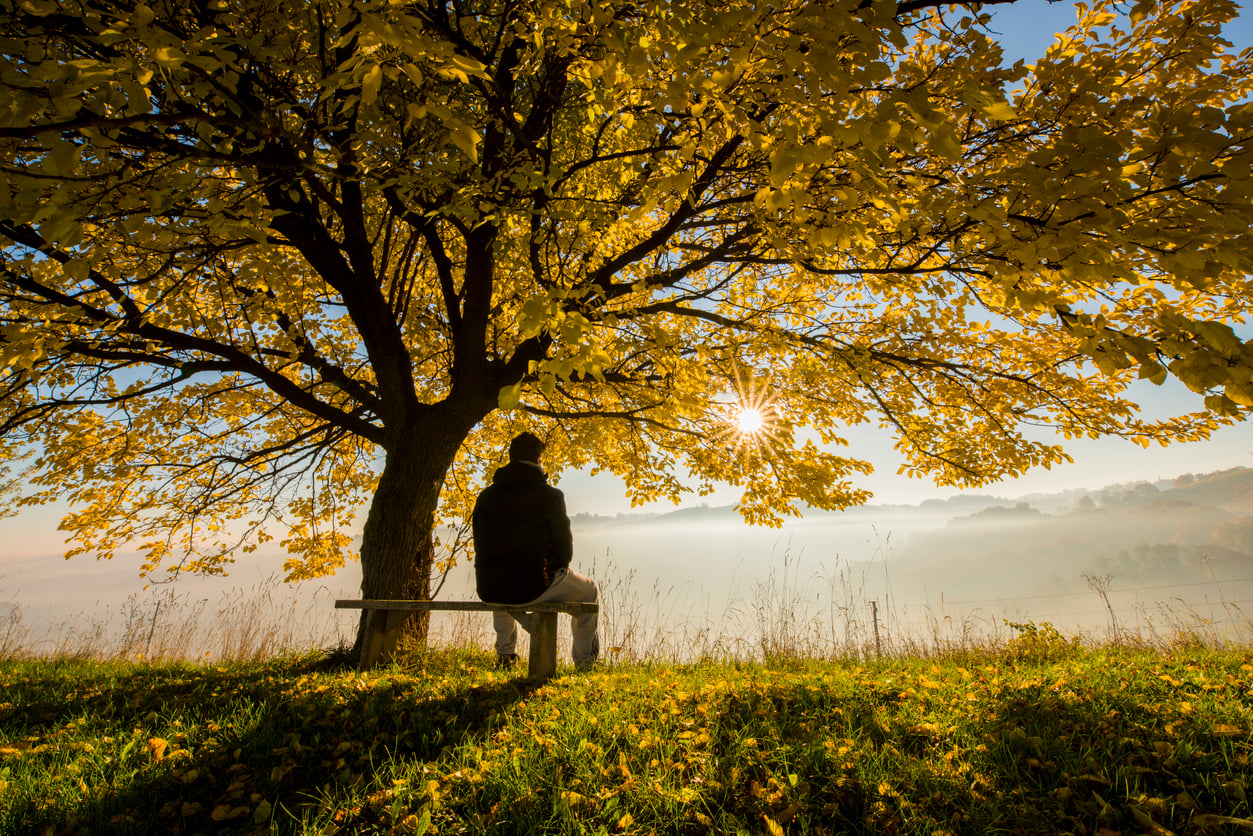 A man sitting alone on a bench at sunrise during a PIVOT retreat