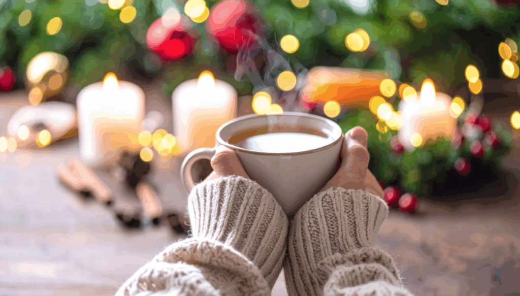 holding a coffee mug, holiday vibes